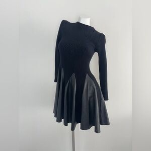Black Mock Neck Rib Knit Stretch Long Sleeve A Line Faux Leather Mini Dress